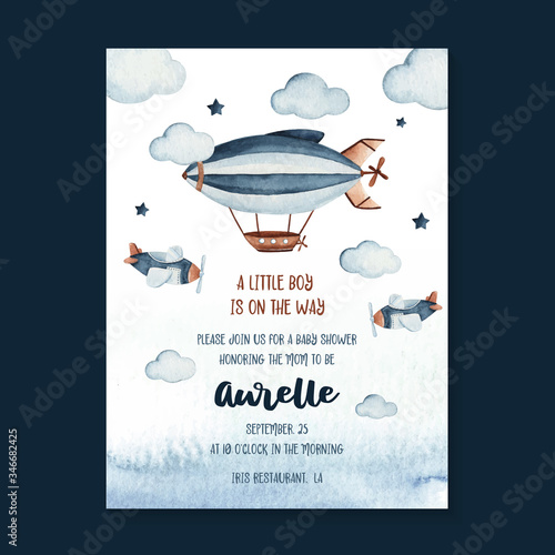 Watercolor baby shower invitation card template with zeppelin and sky scene illustration