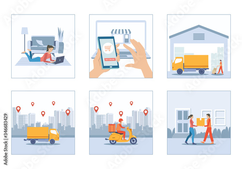 Shopping online at home during corona virus pandemic quarantine with delivery service truck and scooter courier man set in flat icon design