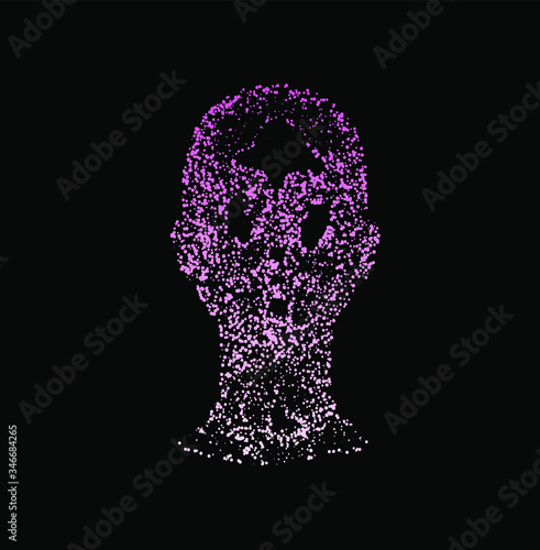 Human head made of partices on dark background. Face made with generative computer art algorithm. Concept of artificial intelligence, Machine learning and neural networks. photo