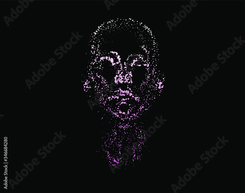 Human head made of partices on dark background. Face made with generative computer art algorithm. Concept of artificial intelligence, Machine learning and neural networks.