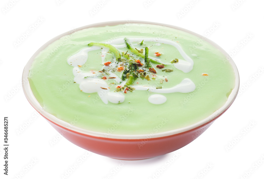 Bowl with cold cucumber soup on white background Bowl with cold cucumber soup on white background