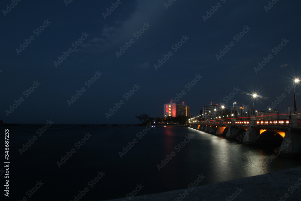 Long exposure of the night lights in the Laguna de Condado de San Juan, Puerto Rico.