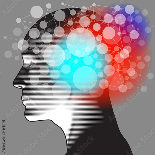 A left side profile of an adult, with an overlaying pattern of semi-transparent "network" details overlaid.