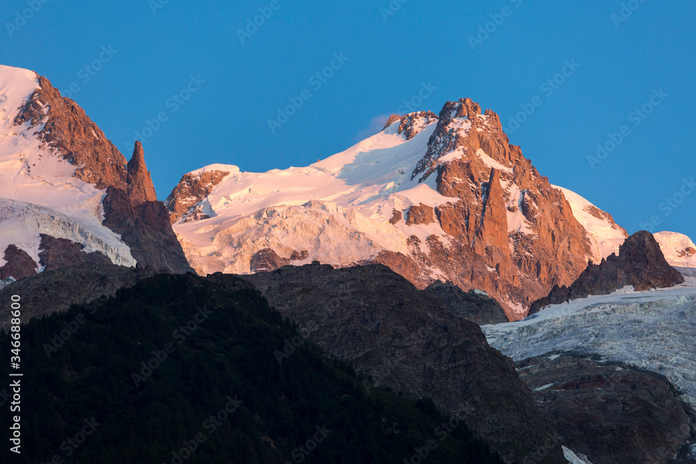 Mont Maudit and the part of Mont-Blanc massif in the evening sunset light, Chamonix-Mont-Blanc, France
