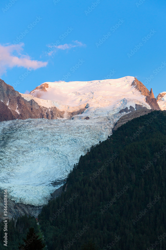 Mont-blanc du Tacul and Bossons glacier the part of Mont-Blanc massif in the evening sunset light, Chamonix-Mont-Blanc, France