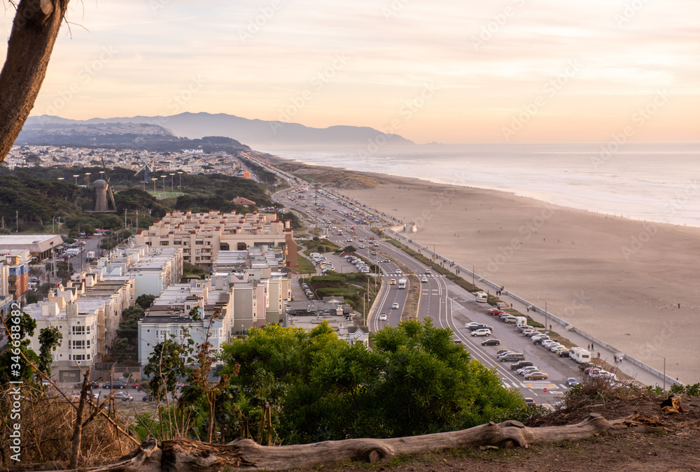 Ocean Beach at dusk  in San Francisco, California. View from above