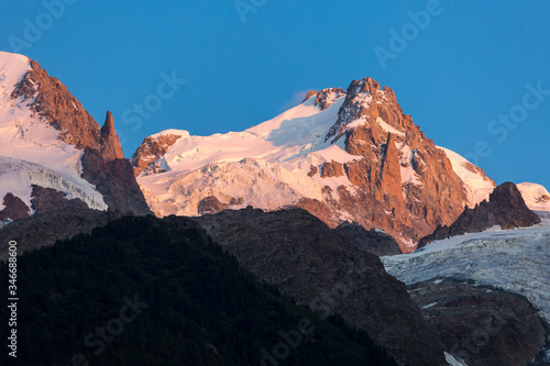Mont Maudit and the part of Mont-Blanc massif in the evening sunset light, Chamonix-Mont-Blanc, France