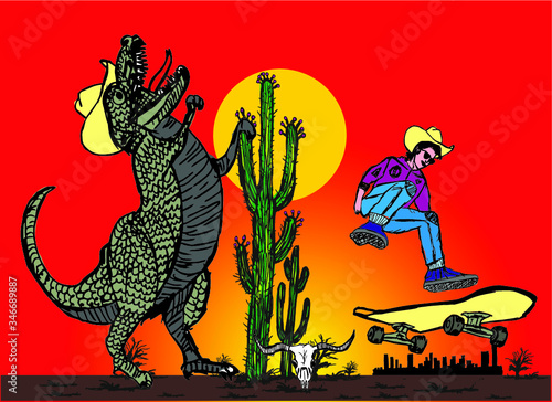 Skateboarding dinosaur trex embroidery graphic design vector art
