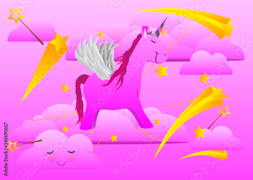 Flying Unicorn illustration - cute card design. Caroon vector illustration.