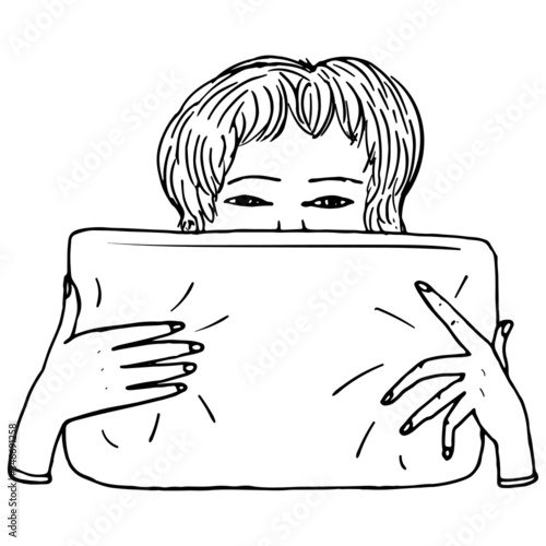 A linear woman holds a pillow at her mouth. Girl playing pillow fights in doodle style. Stock vector illustration on a white background.