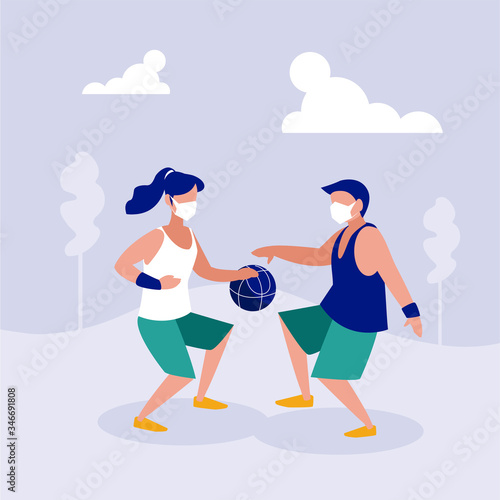 Woman and man with mask playing basketball at park vector design