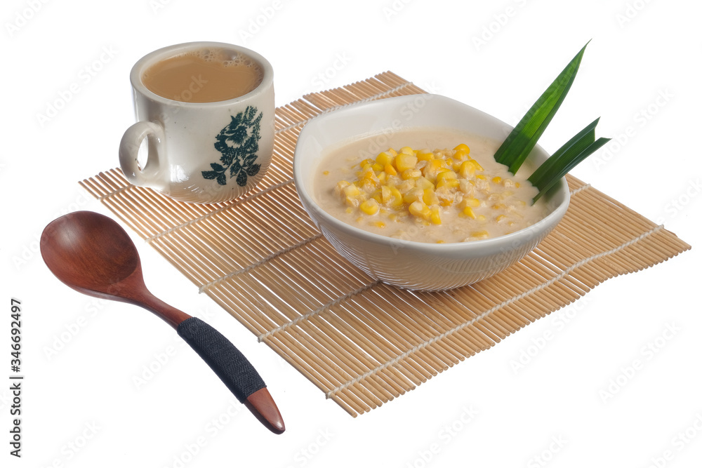 Corn porridge  in white bowl and a cup of coffee  isolated on white background