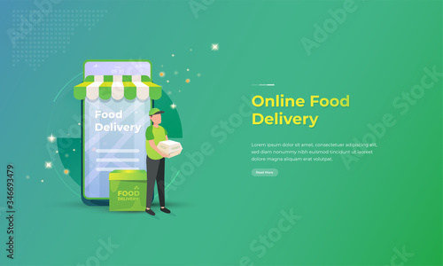 Online food delivery service illustration with mobile application concept