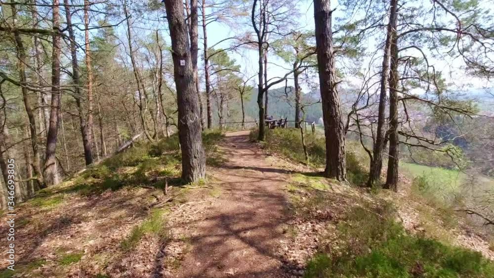 Fast moving downhill on narrow bike path between trees on mountain with beautiful view. Fast moving downhill on narrow bike path between trees on mountain with beautiful view.