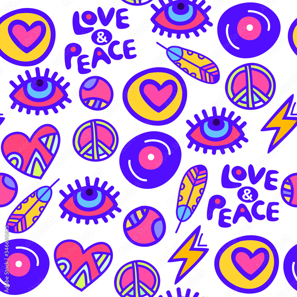 rock party hand drawn hippie style seamless vector pattern