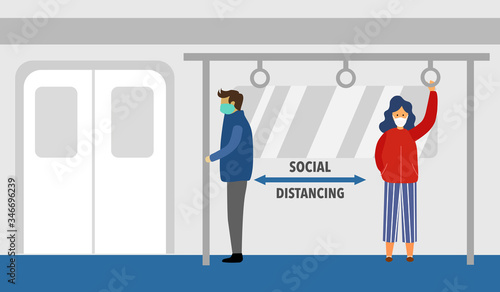 Man and woman wearing medical mask and keep social distancing inside speed train. They standing away to prevent from Covid19 Coronavirus spreading and flu disease. Social isolation self quarantine.