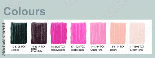 2020 color trends, full palette with swatches. Set color for fashion, home decor, interiors design, makeup colours vector illustration. Color swatch trend