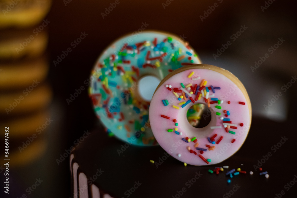 Two doughnuts with colorful sprinkles on a chocolate cake