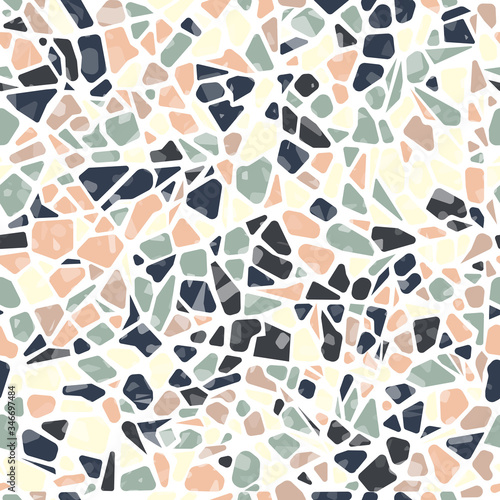 Terrazzo flooring vector seamless pattern. Modern vector illustration for fabric print, wrapping paper, flooring. Classic venetian terrazzo style of floor of natural stone, granite, quartz.