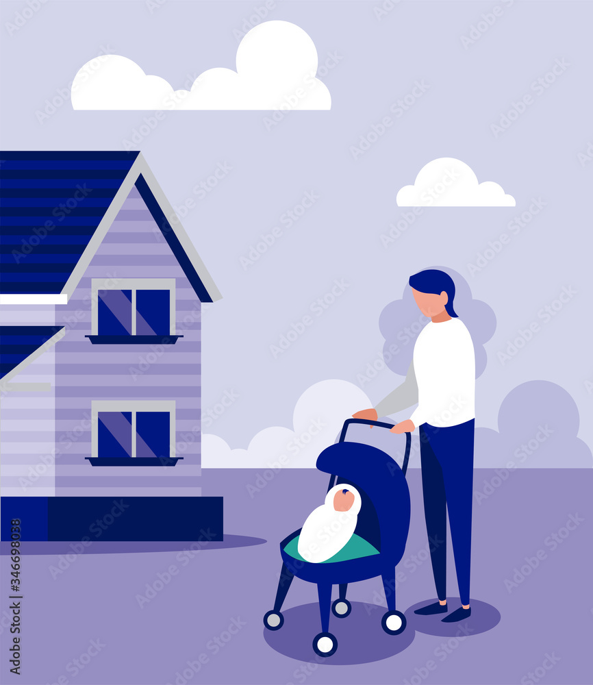 Father and baby with masks outside house vector design Father and baby with masks outside house vector design
