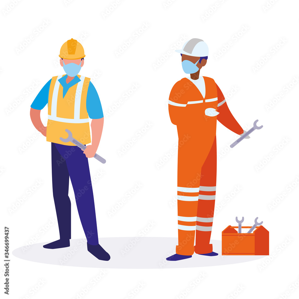 industrial workers men working with face mask industrial workers men working with face mask