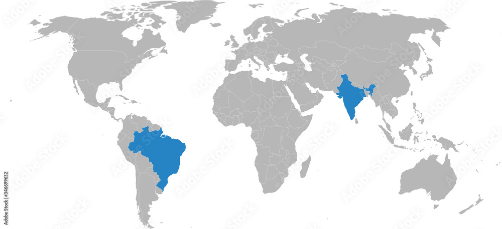 India, brazil countries isolated on world map. Light gray background. Business concepts and backgrounds.
