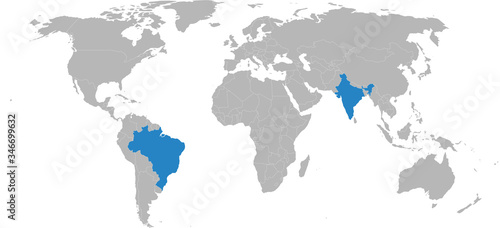 India, brazil countries isolated on world map. Light gray background. Business concepts and backgrounds.