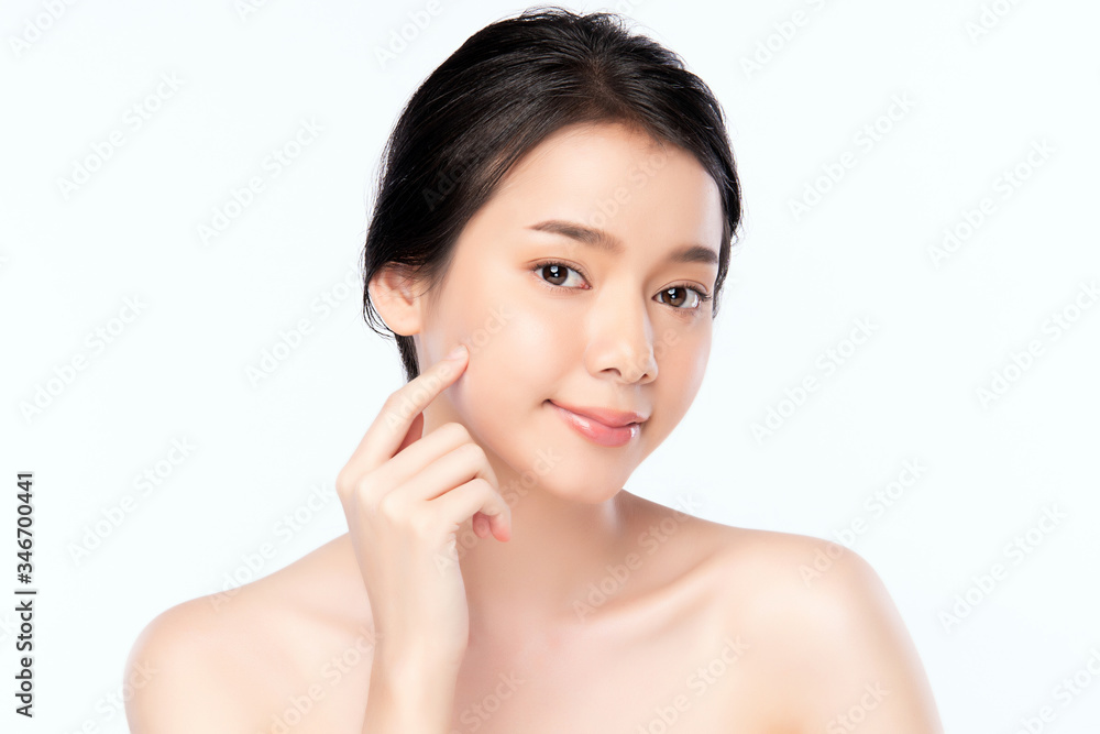 Beautiful Young Asian Woman with Clean Fresh Skin. Face care, Facial treatment, Cosmetology, beauty and healthy skin and cosmetic concept, woman beauty skin isolated on white background Beautiful Young Asian Woman with Clean Fresh Skin. Face care, Facial treatment, Cosmetology, beauty and healthy skin and cosmetic concept, woman beauty skin isolated on white background
