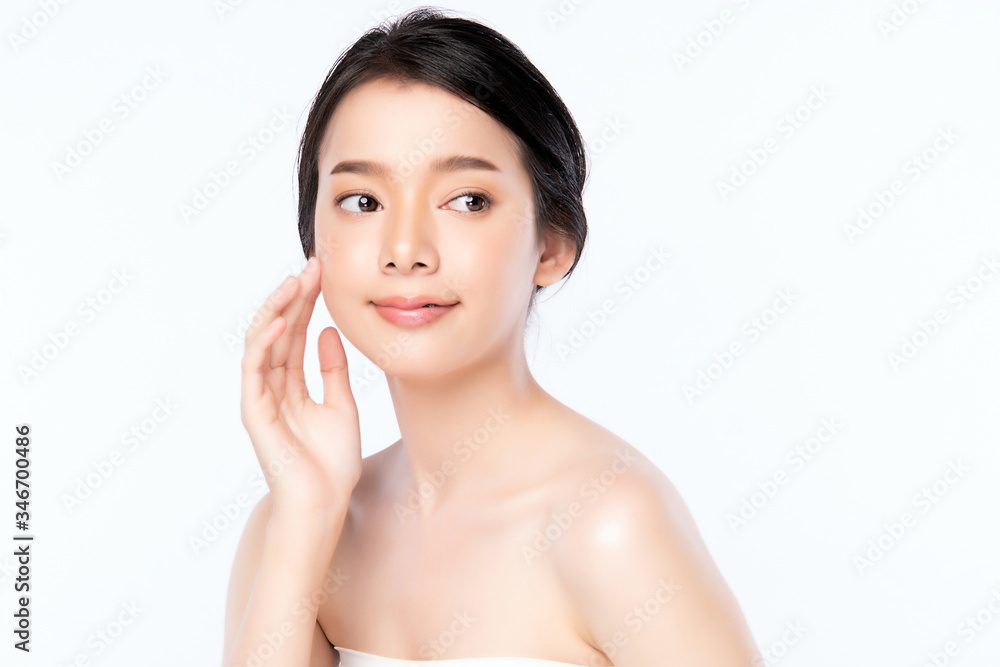 Beautiful Young Asian Woman with Clean Fresh Skin. Face care, Facial treatment, Cosmetology, beauty and healthy skin and cosmetic concept, woman beauty skin isolated on white background Beautiful Young Asian Woman with Clean Fresh Skin. Face care, Facial treatment, Cosmetology, beauty and healthy skin and cosmetic concept, woman beauty skin isolated on white background
