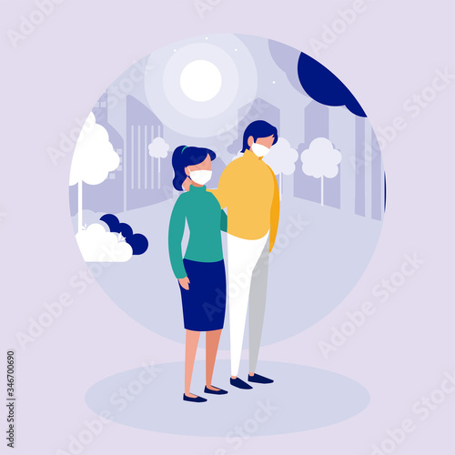 Woman and man couple with masks at park in front of city buldings vector design