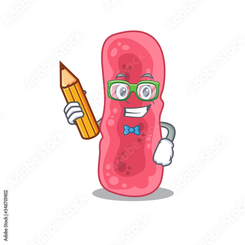 A brainy student shigella sonnei cartoon character with pencil and glasses