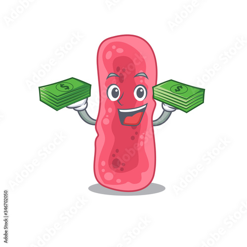 A wealthy shigella sonnei cartoon character having money on hands