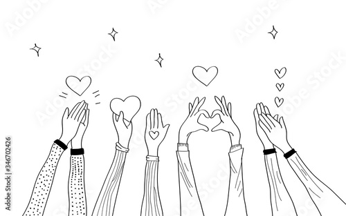 hand drawn of hands up. hands clappinng. Concept of charity and donation. Give and share your love to people. hands gesture on doodle style , vector illustration