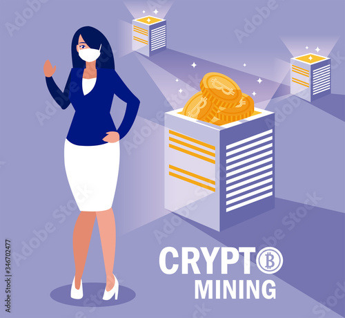 Woman with mask and bitcoins boxes vector design