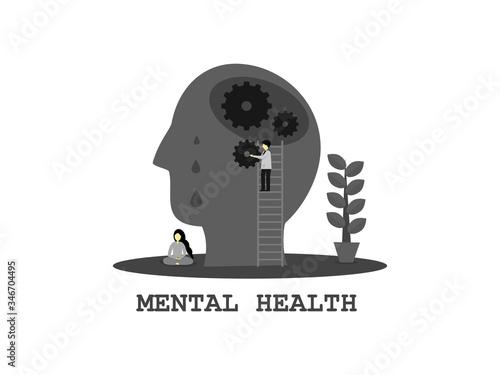 Abstract flat design grey and black color human skull, doctor fix the brain health care, women sit meditate, mental health day concept monochrome, emotional treat symptomatic of people stress mental 