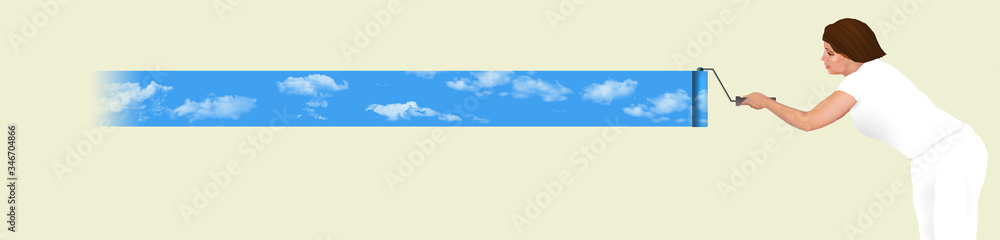 A woman paints a wall with a roller that rolls out fluffy white clouds on a blue sky. A woman paints a wall with a roller that rolls out fluffy white clouds on a blue sky.