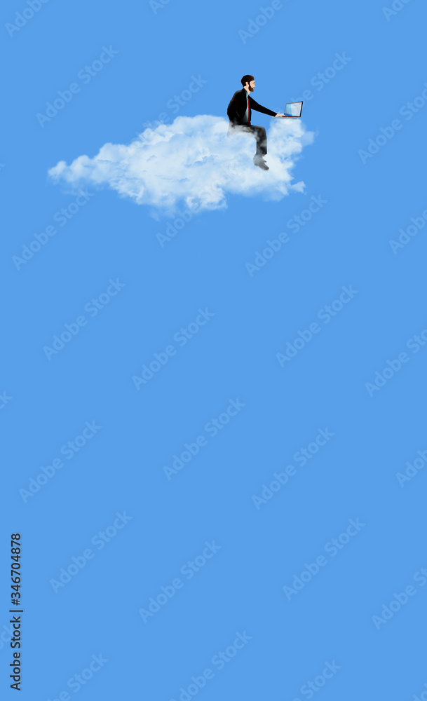 A man in a business suit works on his laptop as he sits on a cloud in a blue sky in this illustration about cloud storage for computers.