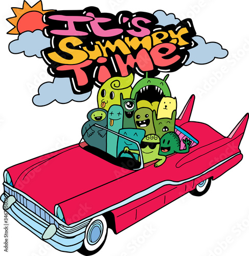 Happy summer Doodle Monster in vintage car cabriolet 1950's style happy summer