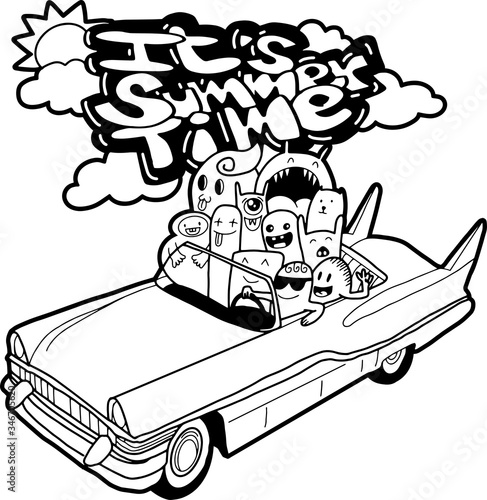 Happy summer Doodle Monster in vintage car cabriolet 1950's style
