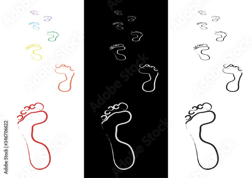 footprints in the sand in rainbow colors. Imitation of a drawing by paints. Good summer mood. Isolated vector on white background