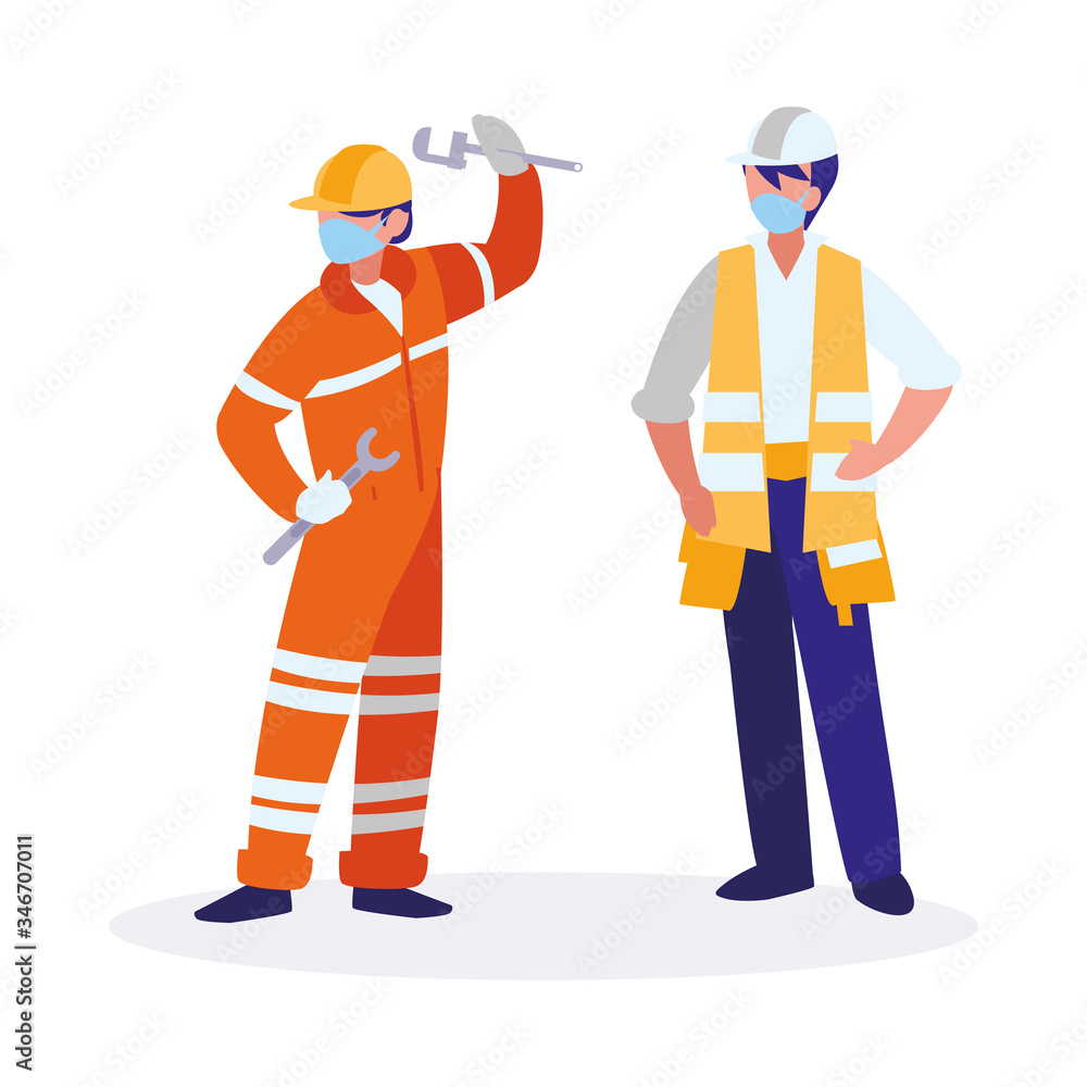 industrial workers men working with face mask industrial workers men working with face mask
