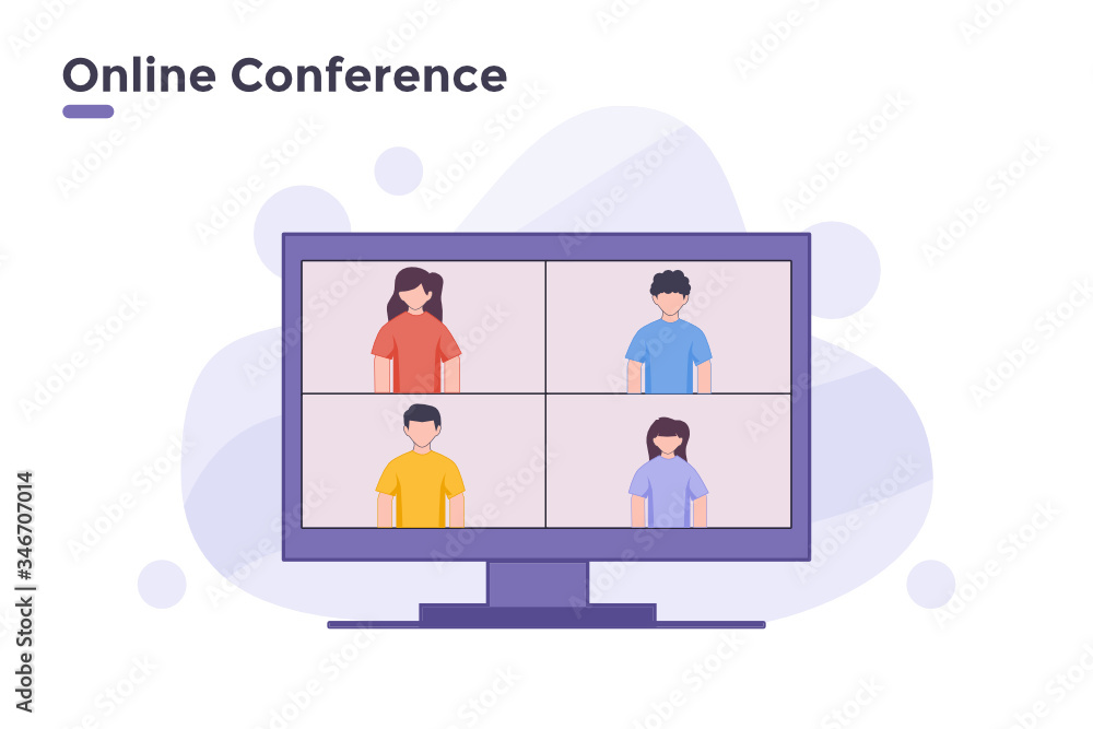 vector illustration online video conference meeting live streaming in internet with computer desktop or laptop monitor display concept. learn lessons from home from internet technology. web banner ui. vector illustration online video conference meeting live streaming in internet with computer desktop or laptop monitor display concept. learn lessons from home from internet technology. web banner ui.