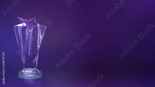 3D Rendering of a Star Shape Glass Trophy on Purple Black Background