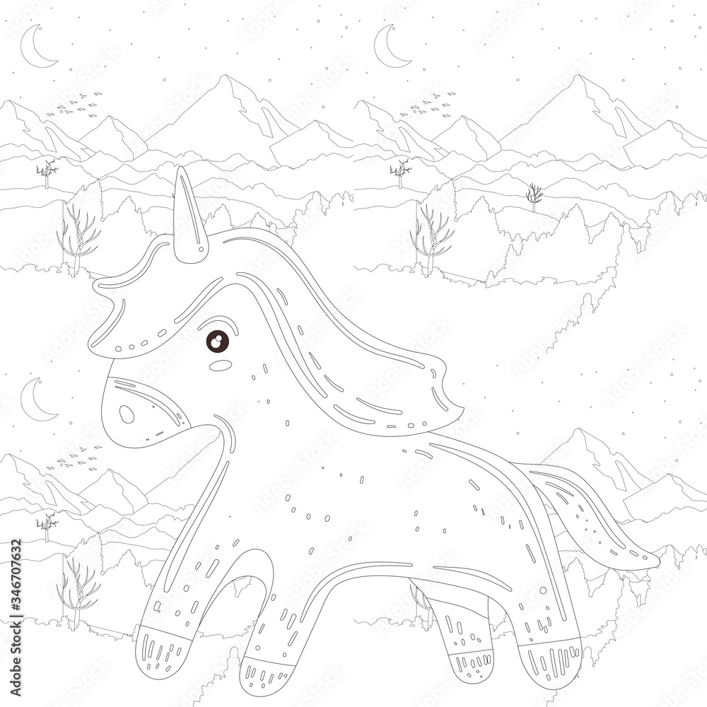 Fototapeta premium unicorn Coloring book page. The unicorn is fabulous. wings 