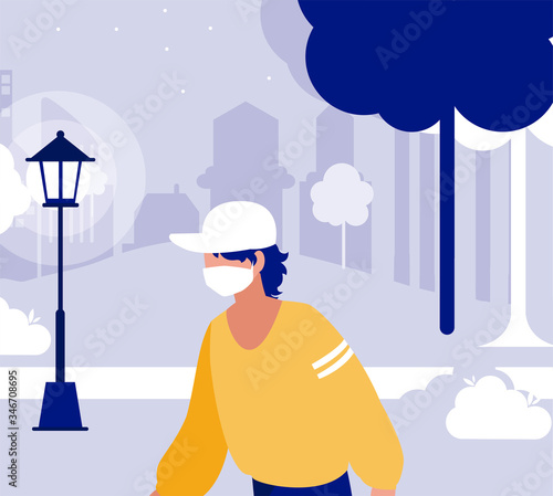 Man with mask outside at park vector design