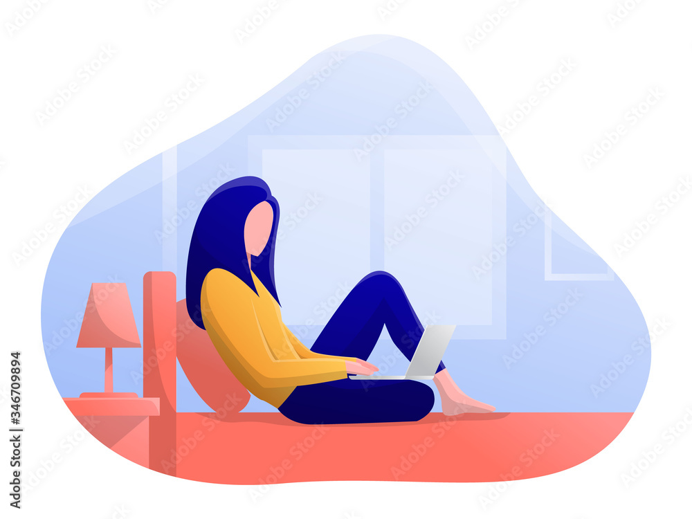 woman with laptop on her bed, vector cartoon illustration flat style ...