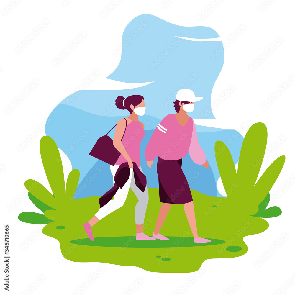 Woman and man avatar with mask outside vector design