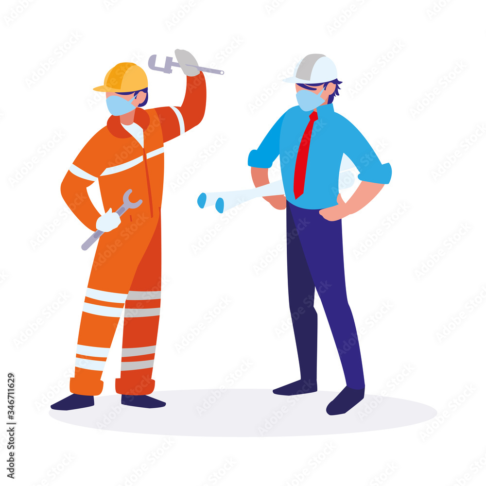 industrial workers men working with face mask industrial workers men working with face mask