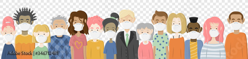 Group of people wearing corona virus flu protection face masks transparent background vector illustration