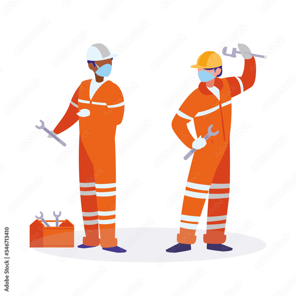 Fototapeta premium industrial workers men working with face mask